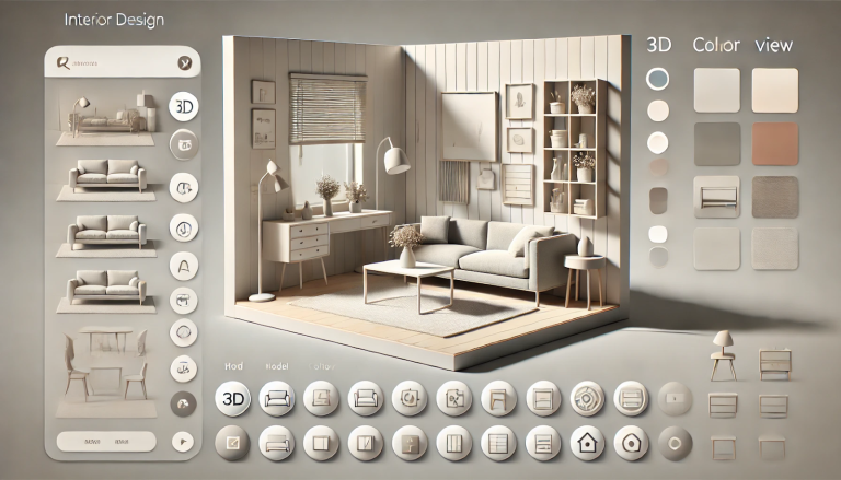 Une interface utilisateur minimaliste d'un assistant virtuel de décoration d'intérieur. L'image montre un modèle d'espace 3D simple avec des meubles de base comme un canapé et une table basse.